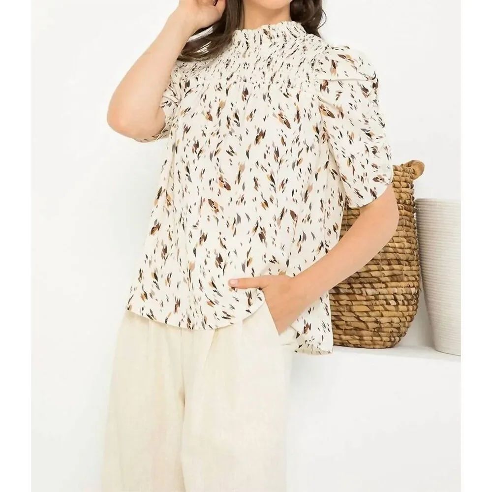 THML Cream Tan Brown Feather Not In My Cap Ruched Half Sleeve Blouse Medium